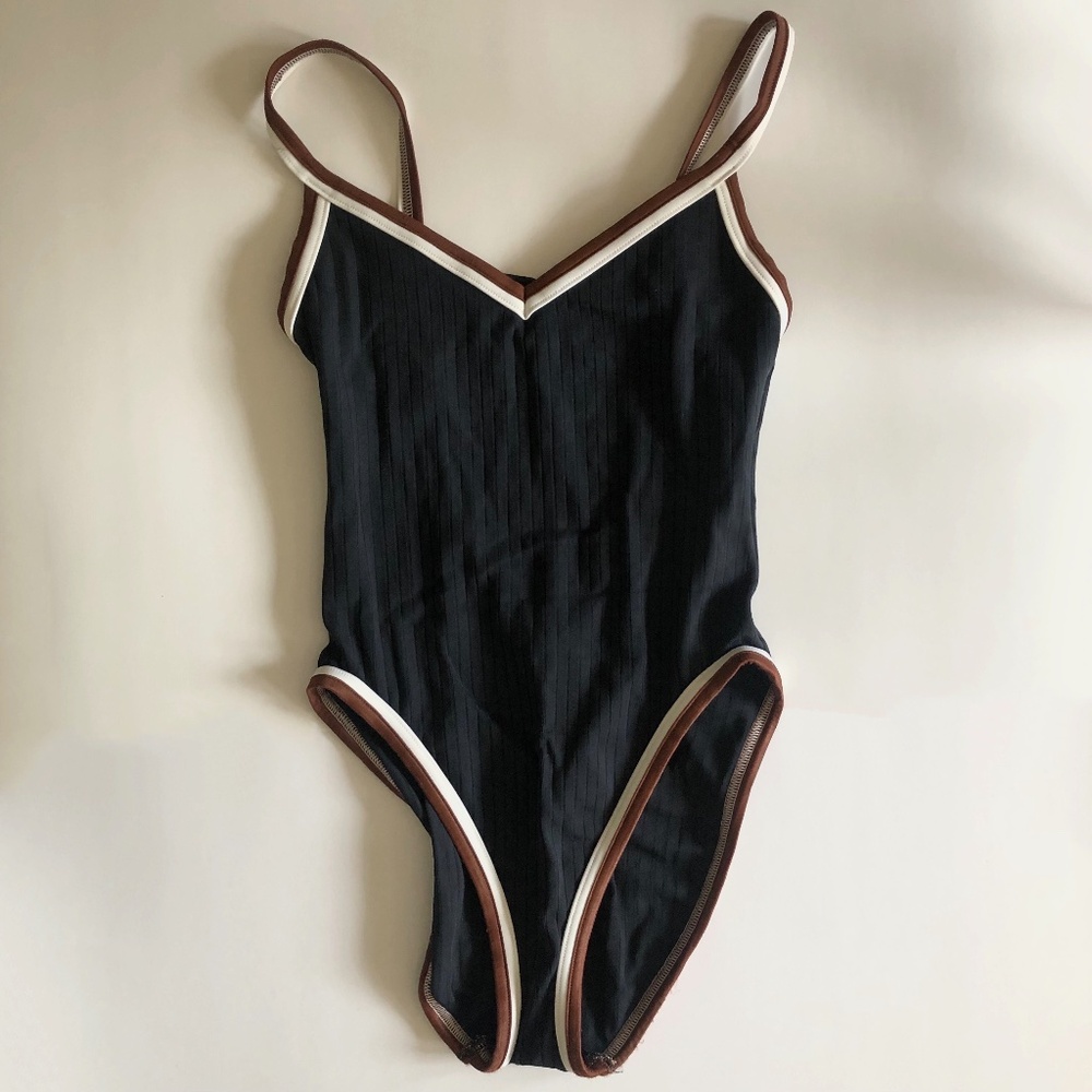Black One Piece Swim Suit with Brown & White Trim Size 10